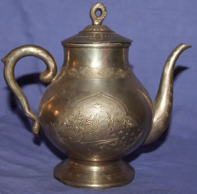 Vintage Asian Engraved Silver Plated Teapot