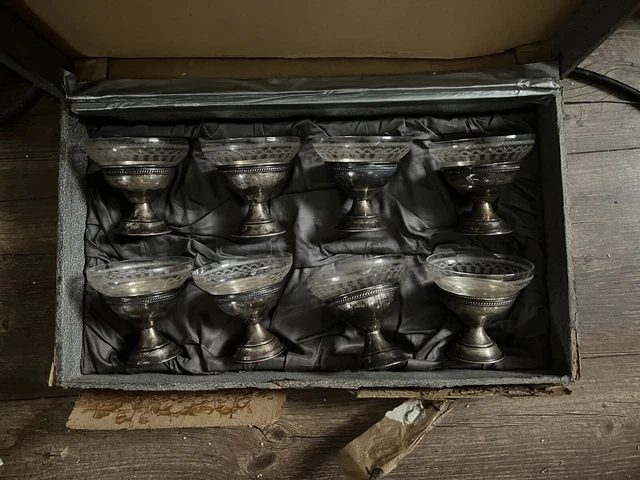 Vintage 925 Sterling Silver Sherbet Dessert Cups Etched Glass Inserts Set Of 8
