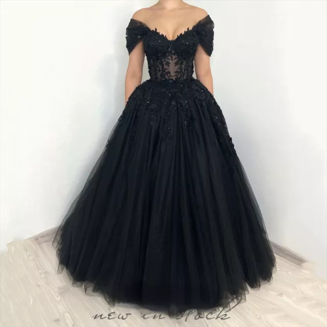 Black BallGown Tulle Prom Dress Applique Off Shoulder Evening Formal Gown Custom