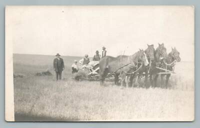 Four-Horse Team on Wheat Farm RPPC Antique Occupation Great Plains Photo 1910s