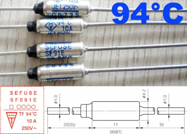 5Pcs Microtemp Thermal Fuse 94°C 94 Degree TF Cutoff SF91E 10A AC 250V New