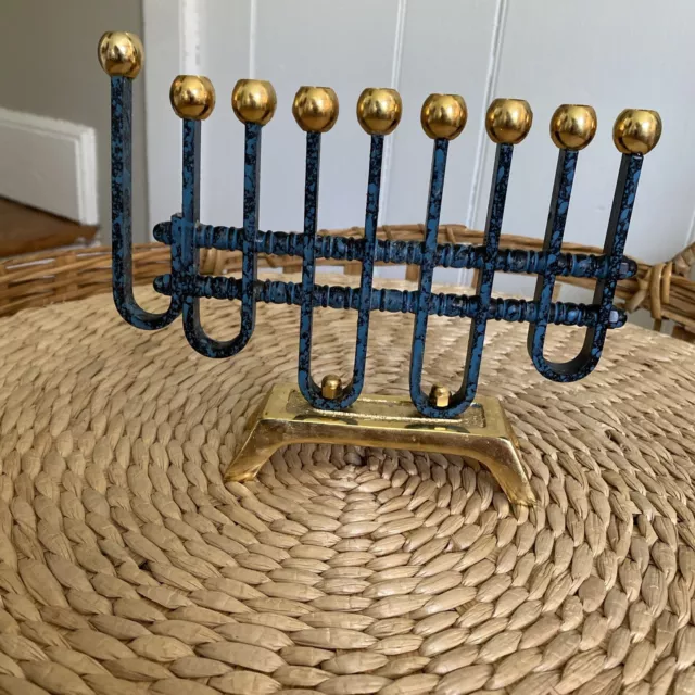 Small 6x7.5“ Karshi Original 9 Branch Hanukkah Menorah blue And  24K Gold Plated