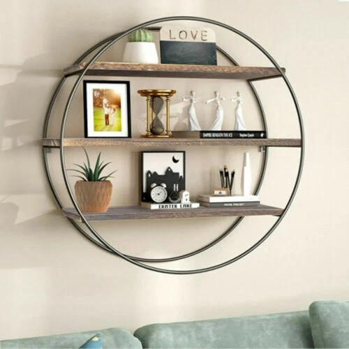 WOOD/METAL ROUND WALL Shelf 3 Tier Geometric Floating Hanging Circle