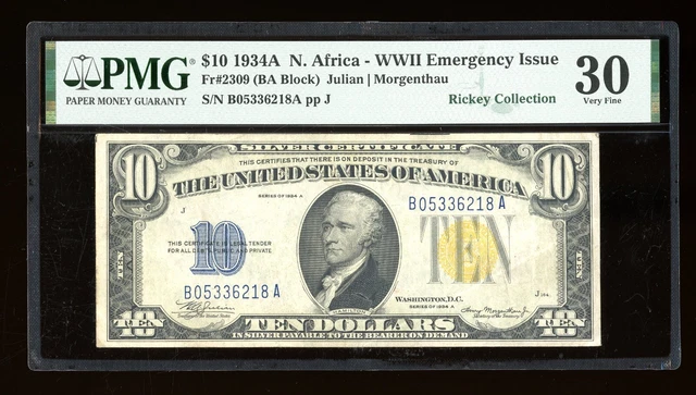 DBR 1934-A $10 North Africa Silver Fr. 2309 PMG 30 Serial B05336218A