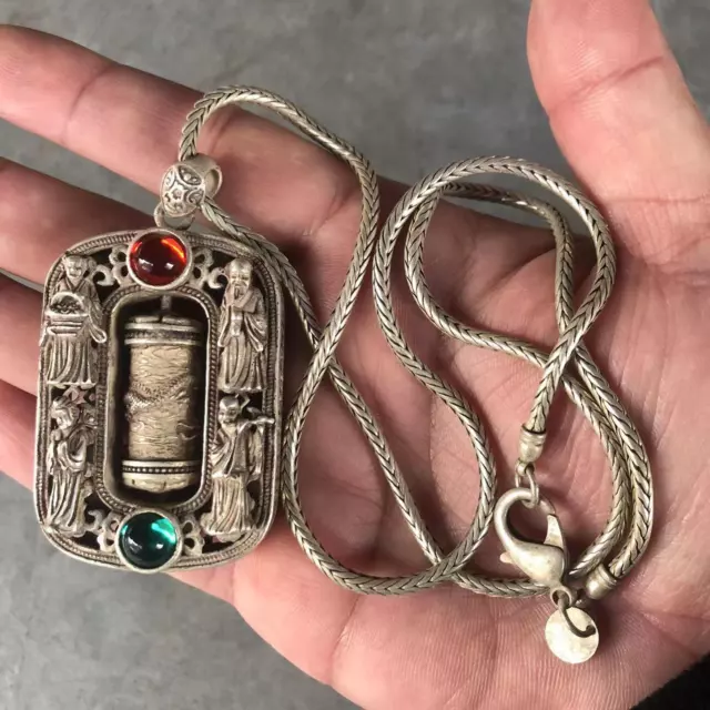 Chinese Retro Miao Silver Hollow Necklace Tibetan Silver Eight Immortals Pendant