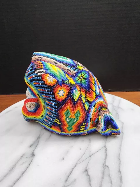 Huichol Beaded Tiger HeadFigurine Handmade Mexican Folk Art Sculpture