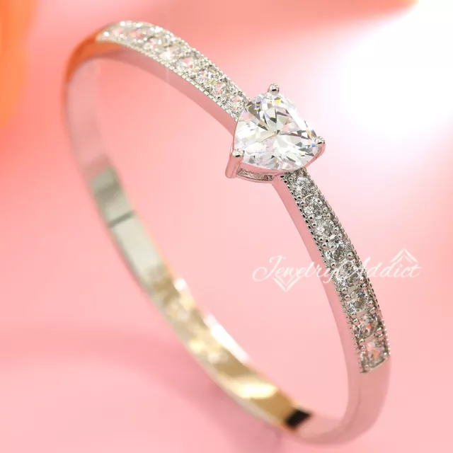 9K Gold Filled Silver Heart Crystal Love Promise Bridal Bangle Jewelry Lady Gift