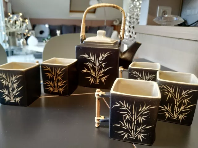 Service à thé Asiatique céramique noir & beige/ 1 théière, 5 tasses Motif bambou