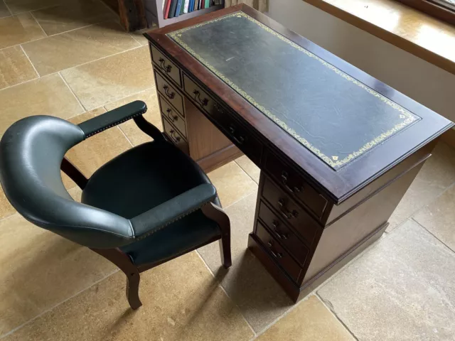 Green Leather Top Pedestal Desk & Matching Green Captains Studded Leather Chair 3