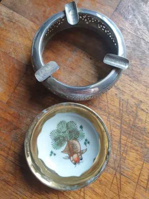 Vintage Vietnam Silver Ashtray coy carp bowl inside oriental 9cms