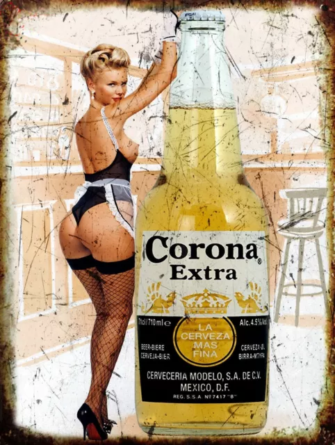 Metal Vintage Retro Shabby-Chic Corona Extra Girl Pin Up Tin Sign Wall Plaque