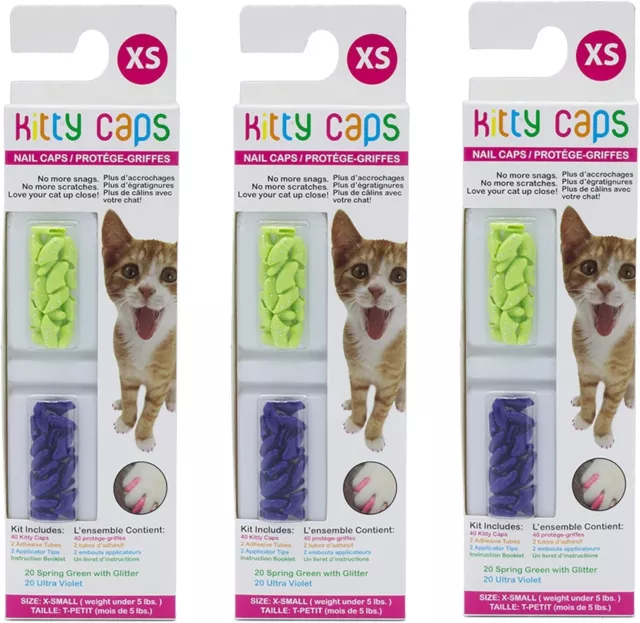 Kitty Caps Kralle Kappen Grün Glitzer Violett 40 Zähler 3 Pack Xs (2.3kg) Neu