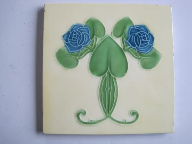 Antique 6" Relief Moulded Art Nouveau Tile - T A Simpson - Blue Roses C1905/6