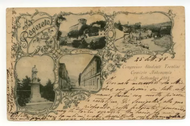 Cartolina Rovereto Il Castello Leno Monumento a Rosmini Il Corso 1898 viaggiata