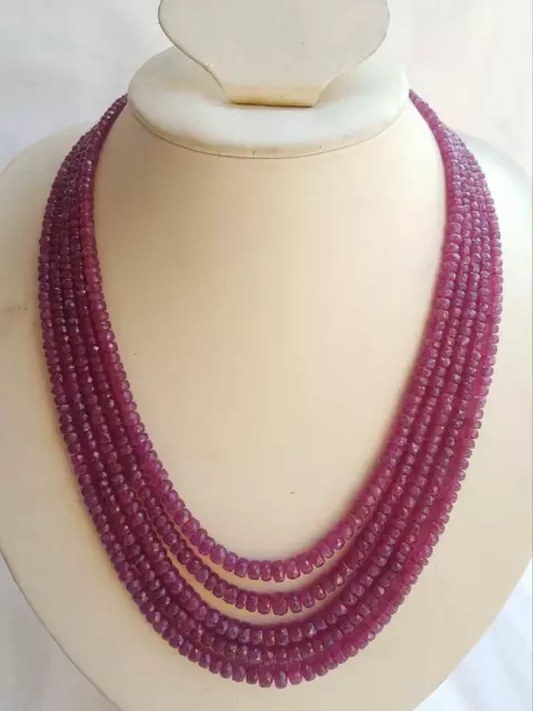 100% Natural Precious Ruby Faceted Gemstone Cut Beads 18" 5 Strand Necklace