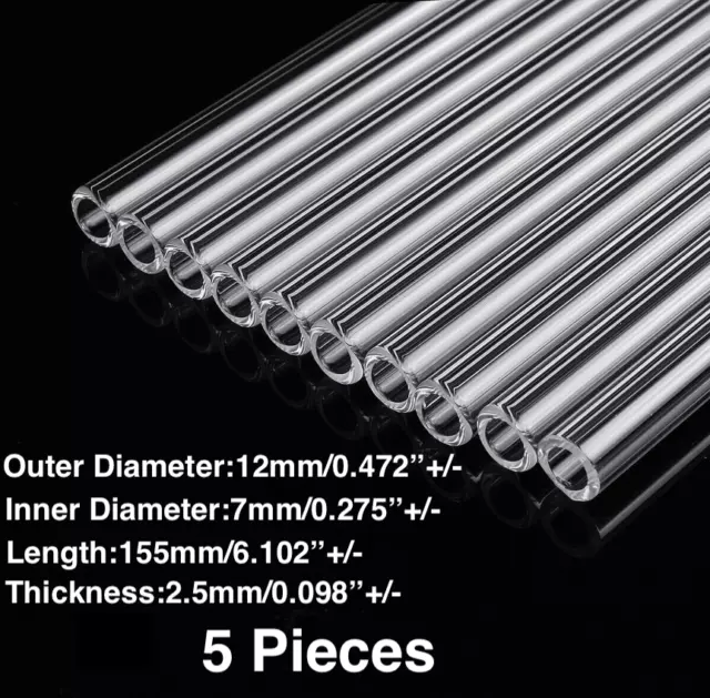 Lot Of 5 6" Pyrex Glass Blowing Tubes 12 mm OD 7 mm ID Tubing 2.5 mm Thickness