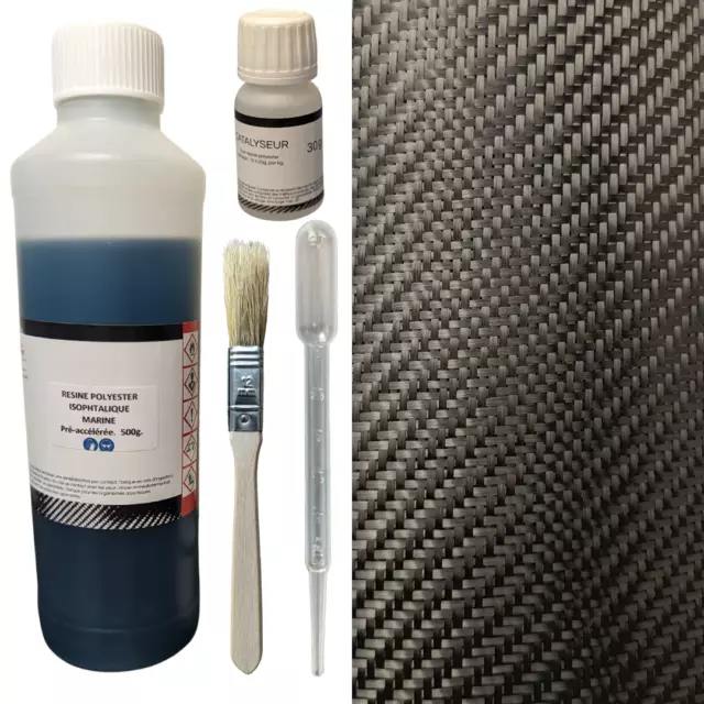 Kit  500g. de RESINE POLYESTER ISO. MARINE + TISSU CARBONE + PINCEAU + PIPETTE.