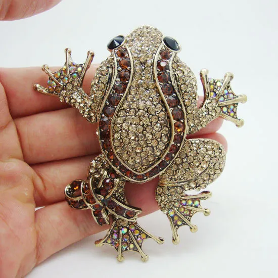 Vintage Style Animal Jewelry Unique Brown Frog Pendant Rhinestone Brooch Pin