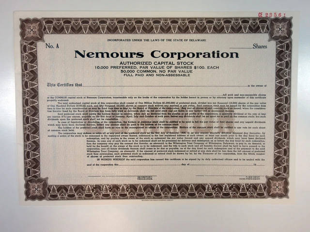 Nemours Corp., 1928 Odd Shrs Common Stock Specimen Certificate, XF S-CBNC