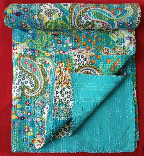 Indian Kantha Throw Paisley Print Kantha Quilt Reversible Bedspread Cotton Gudri