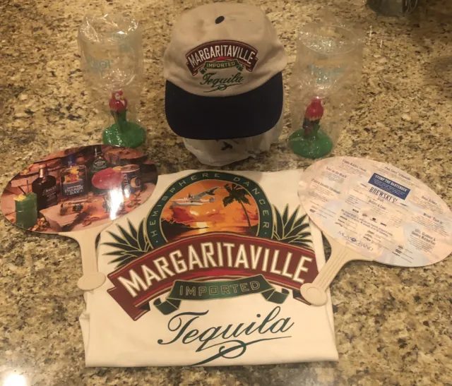 Jimmy Buffett MGM Margaritaville Shirt Hat Parrot Glasses Menu Fans Tiki Vegas