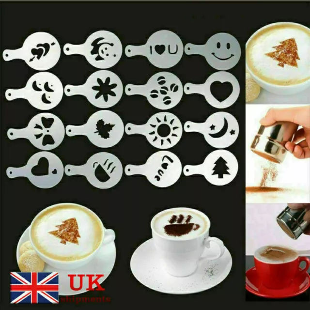 16 PCS Cappuccino Coffee Barista Stencils + Stainless Steel Chocolate Shaker UK