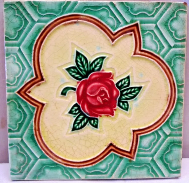 Vintage Tile Majolica Art Nouveau Rose Geometric Design Ceramic Porcelain Japan