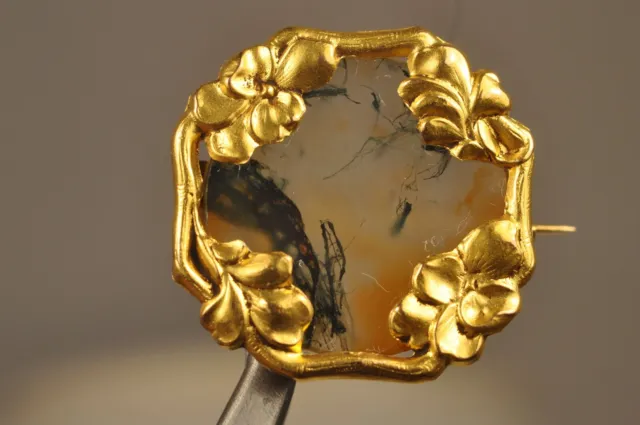 Broche Art Nouveau Ancien Or Massif 18K Agate Antique Solid Gold Brooch