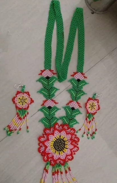 New Beaded Loom Boho  Jewellery Native American Necklace Earring Set  Pink Green