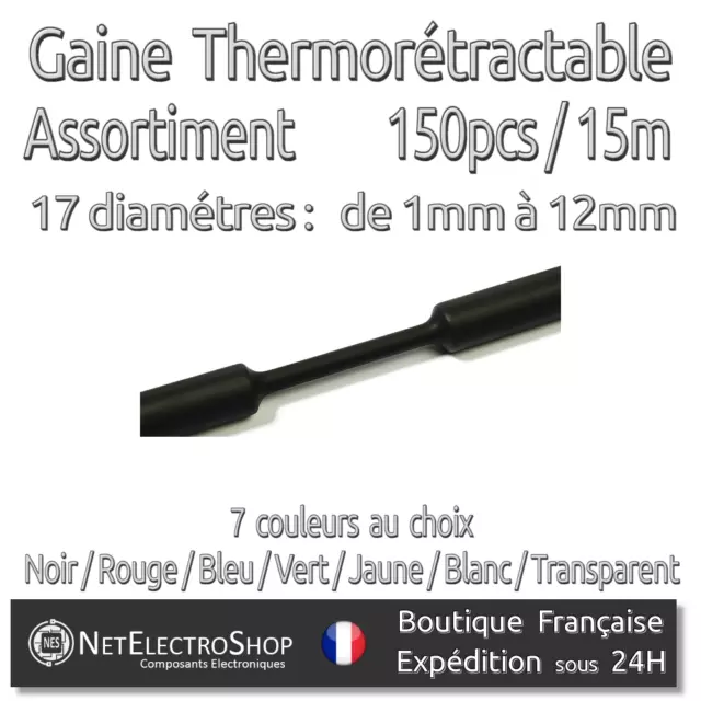 Gaine Thermorétractable 2:1 - Assortiment de 150pcs / 15m - Diam. 1mm à 12mm