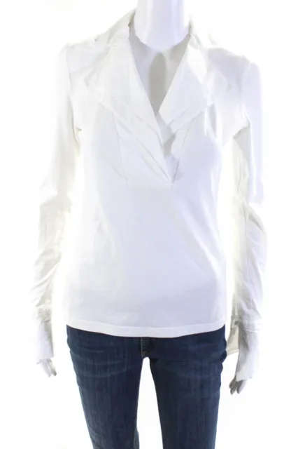 Anne Fontaine Womens White Cotton Collar V-Neck Long Sleeve Blouse Top Size 40