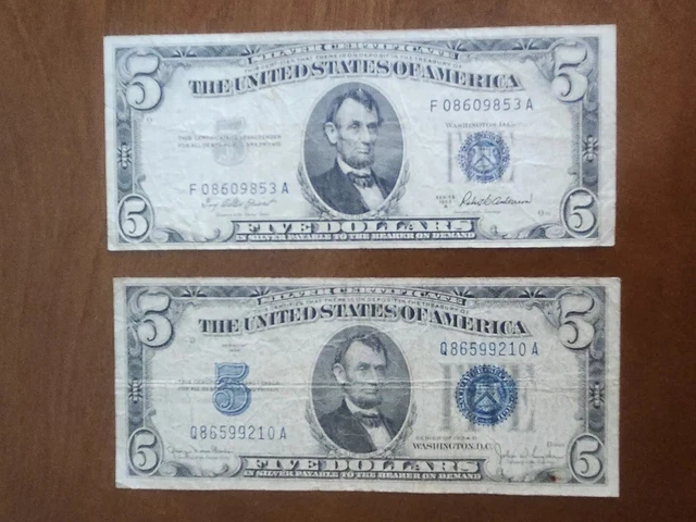 Lot Of 2 U.s. 1934. A &  1953. A , (Blue Seal)  5 Dollars Silver Certificates
