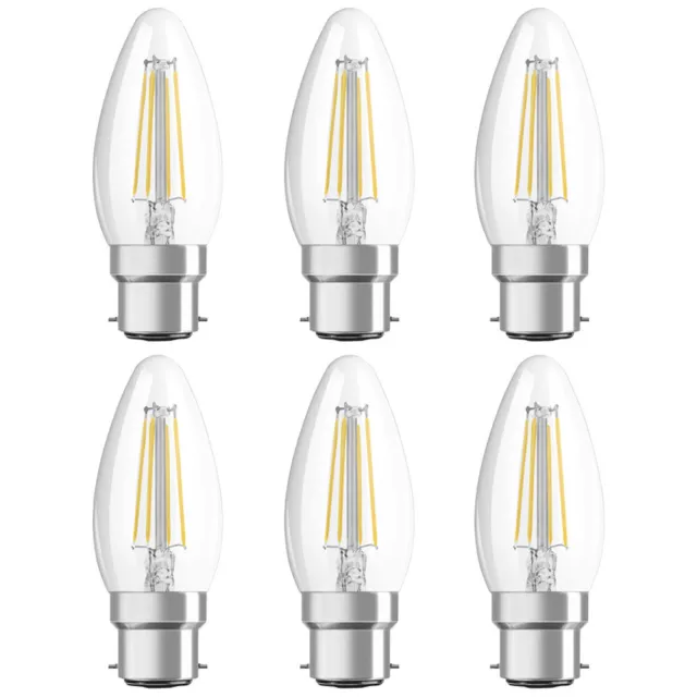 6 x Osram LED Filament Leuchtmittel Kerze 4W = 40W B22d klar 470lm 827 warmweiß