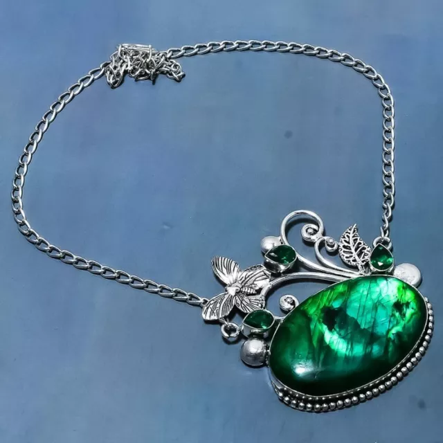 Green Labradorite, Diopside Gemstone 925 Sterling Silver Necklace 18" m705