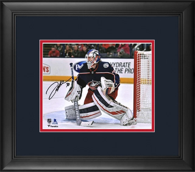 Joonas Korpisalo Columbus Blue Jackets FRMD Signed 8x10 Blue Jersey In Net Photo