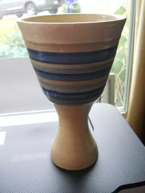 Art Pottery Hand Thrown Vase Stone & Blue Glaze Stripes  9" High Unique Shape
