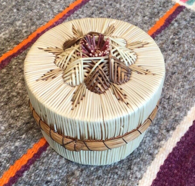 Antique Lidded Quillwork Box On Birch Bark Native American Craft