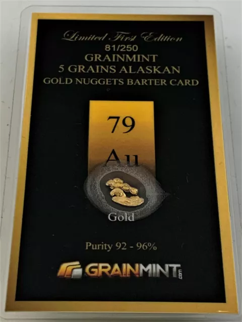 5 Grains Authentic Alaskan Gold Nuggets in Bullion Barter Card 92 - 96% Pure