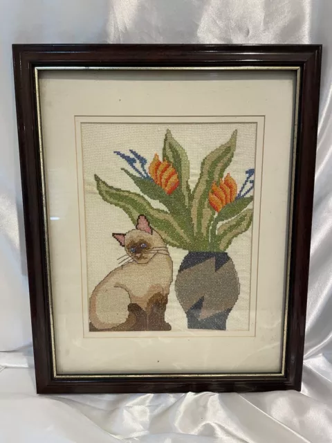 Vintage Completed Cross Stitch Gray Siamese Cat Kitten Flower Framed Needlework