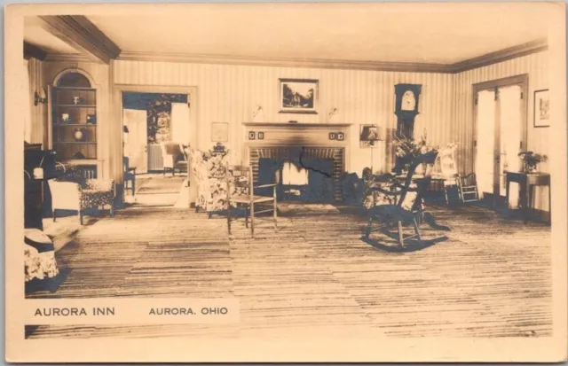 Aurora, Ohio RPPC Real Photo Postcard AURORA INN Hotel / Fireplace View - Unused