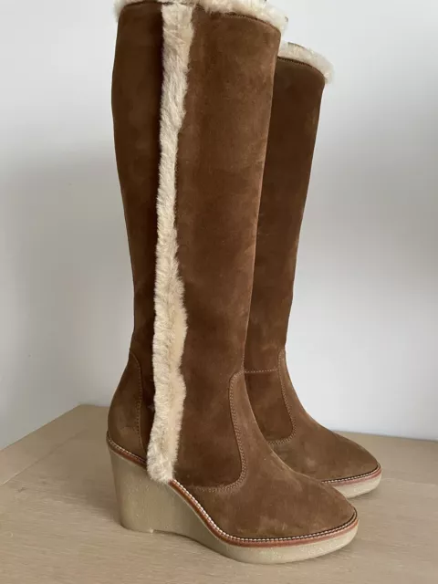 L K BENNETT MARGIE KNEE HIGH BOOTS in BROWN SUEDE/LEATHER/SHEARLING - UK3 /36