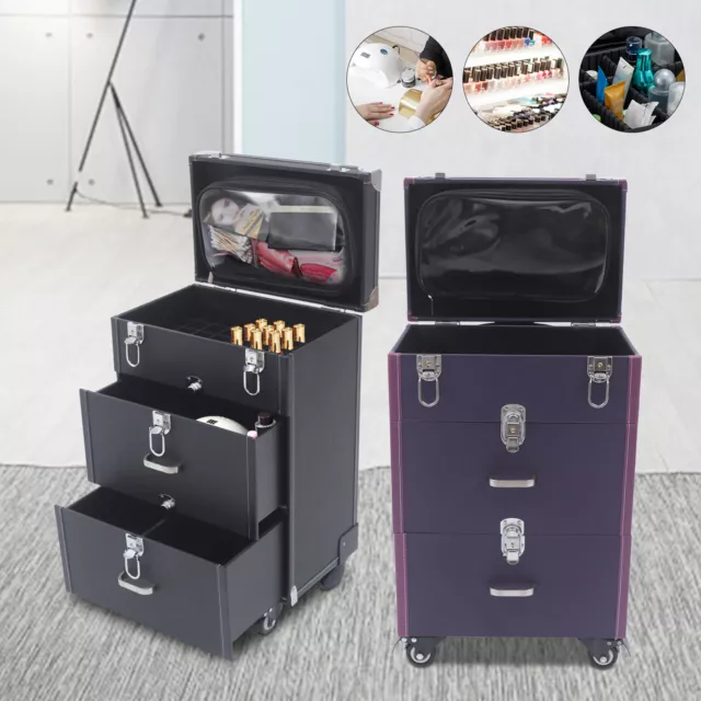 3-Tiers Large Capacity Makeup Case Pro Cosmetic Storage Box Rolling Suitcase