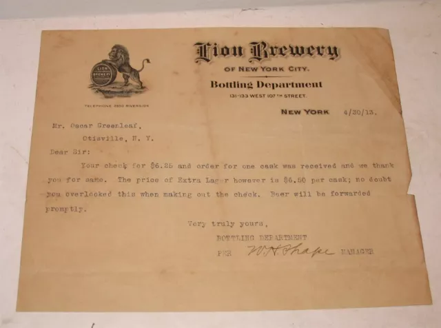 1913 Lion Brewery Invoice On Letterhead 1/2 Sheet Size RARE New York City Brewer