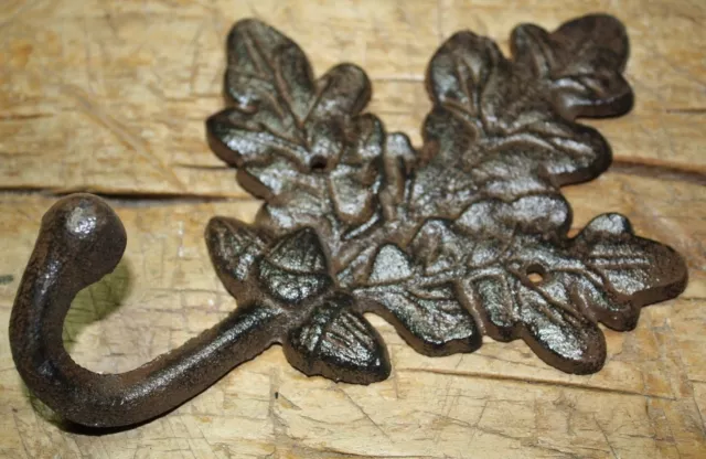 3 Cast Iron Antique Style Rustic OAK LEAF Coat Hooks Hat Hook Rack Towel Acorn