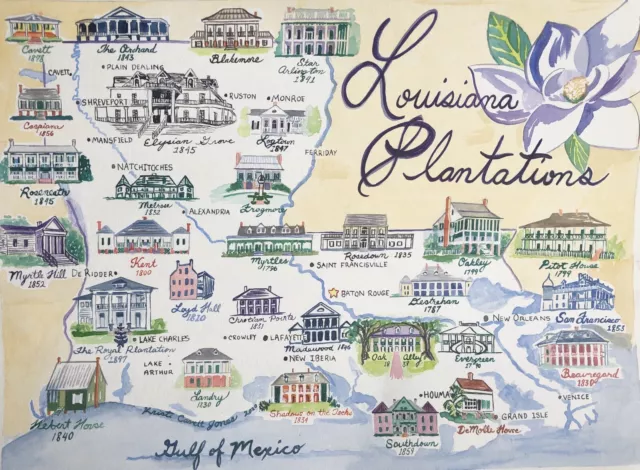 LOUISIANA PLANTATION MAP Rare Louisiana Print Oak Alley Antebellum Kristi Jones
