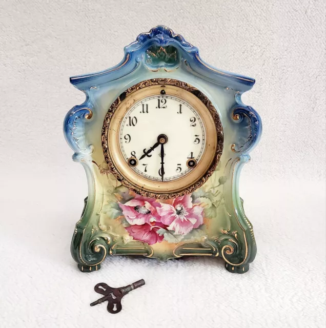 Antique Ansonia Royal Bonn La Fontaine Floral Porcelain 11.5" Mantel Clock & Key