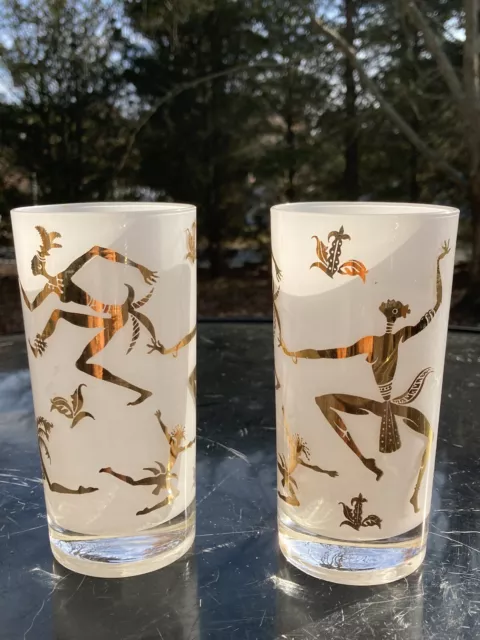 Vintage Pair Federal Glass Jungle Native Dancers Tiki Voodoo Tribal Bar Tumbler