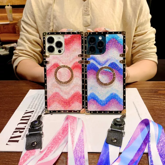 Strap Wave Rainbow Square Phone Case For iPhone 11 12 13 14 Samsung S23 Huawei