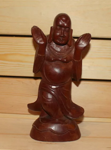 Vintage Asian hand carving wood statuette Budai Laughing Buddha