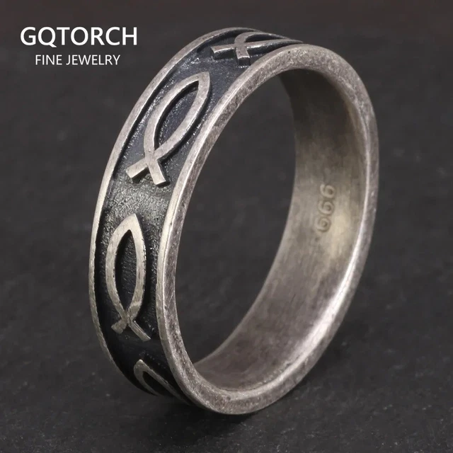 999 Sterling Silver Jesus Fish Ring Ichthys Ichtus Christian Jewelry Accessories